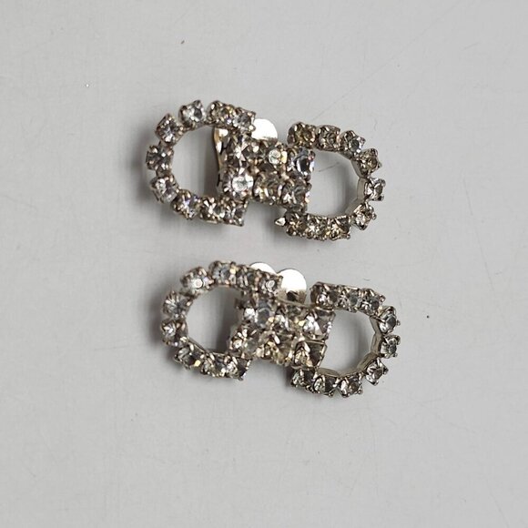 Vintage Bow Clear Rhinestone Silver Tone Oval Rectangular Shoe Clips - Picture 2 of 4